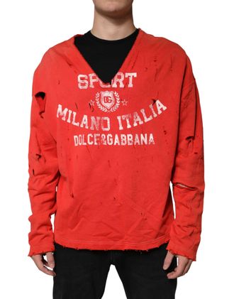 Dolce & Gabbana Red Distressed Cotton V-Neck Sweatshirt Men Mens Sweater