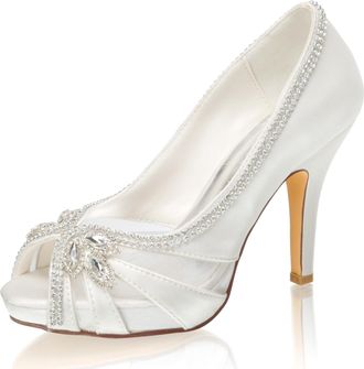 Emily Bridalwear 521-71-1 Wedding Shoes High Heel peep Platform Slip-on Rhinestone Bridal Shoes (6) Ivory