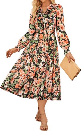 Grace Karin Womens Elegant Dress Flower Tunic Long Sleeve Midi Dresses with Pockets XL Black and Orange