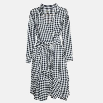 Maje Navy Blue Gingham Crepe Asymmetric Raprita Midi Dress