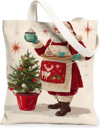 Generic Christmas Vintage Canvas Tote Bags, Holiday Santa Design Reusable Grocery Bags, Lightweight Washable Shoulder Strap Canvas, Beige, 13x15 Inch