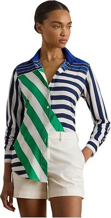 Lauren Ralph Lauren Classic Fit Striped Crepe Shirt Womens Clothing Navy/White/Green : MD, Polyester