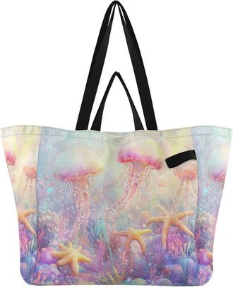 Generic Jellyfish Starfish Pink pattern Reusable Canvas Tote Bag, Heavy Duty Grocery Shopping Bag with Hard Bottom Double Handles Large Capacity Work Grocerie