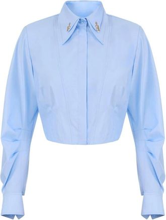Elisabetta Franchi Katoenen Poplin Blouse met Dubbele Kraag - Dames - Overhemden - Blauw - L - Katoen - Overhemden