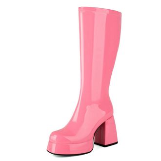 Generic Qynthra Womens Retro Platform Boots Patent Leather Knee High Block Heel Side Zip Go Go Style Stage Performance Party Nights,Pink,6.5 UK