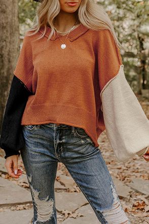 Azura Exchange Womens Color Block Vneck Long Sleeve Sweater - Brown - Size X-Large
