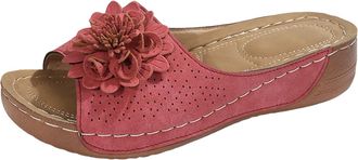 Generic Womens Summer Beach Sandals Dressy Flat Open Toe Platform Shoes with Arch Support Flower Platform Sandals For Casual Walking Outdoor Wear (Red, 6.5)