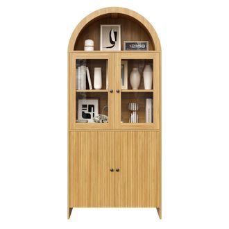 STILVORA Aparador Alto Con 2 Puertas De Cristal Y 2 Puertas, Relieve Ondulado, Estilo Moderno, En Tablero, 78&times;40&times;176 Cm, Natural