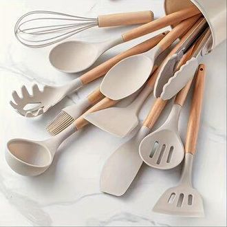 OEM Juego De 12 Utensilios De Cocina De Silicona, Color Caqui
