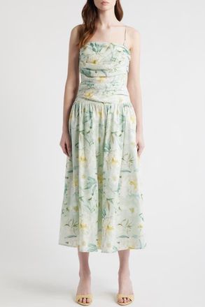 En Saison Marlowe Floral Cutout Back Drop Waist Midi Dress in Sage White Yellow at Nordstrom, Size X-Small