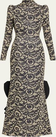 Marc Jacobs Lace-Print Sculptural Long-Sleeve Bow Trumpet Gown