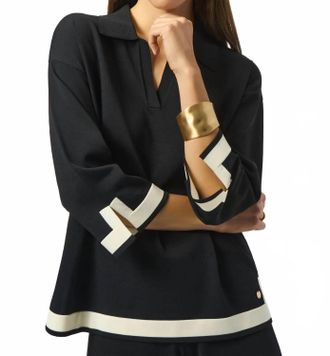 Joseph Ribkoff Color Block Collared V-Neck 3/4 Sleeves Top In Black/vanilla