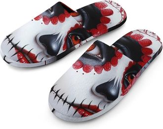 Generic Day of The Dead Beauty Mens Slippers Flannel Warm House Shoes with Rubber Anti-Slip Sole Slip On for Home Outdoor
