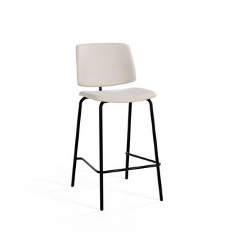 Koketto Home Taburete bajo asiento tapizado beige y chapa de madera