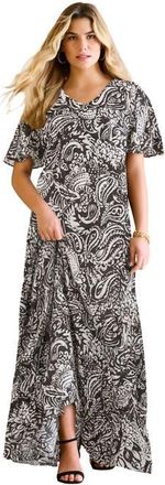 Roaman's Plus Size Hand Crinkled Flutter Sleeve Maxi Dress in Black Paisley Graphic at Nordstrom, Size 20