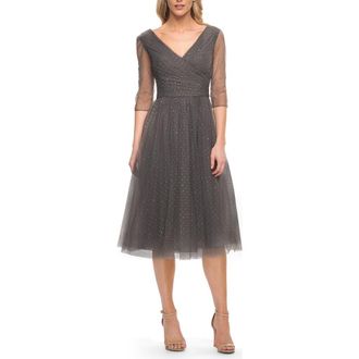 La Femme Tea Length Tulle Dress with Beading and Sheer Sleeve in Gunmetal at Nordstrom, Size 12