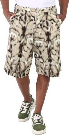 Roberto Cavalli Mens Natural / Off White Blurred Lynx Pleated Cotton Shorts, Brand Size 48 (Waist Size 32)