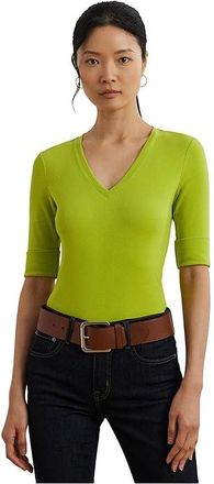 Lauren Ralph Lauren Stretch Cotton Elbow-Sleeve V-Neck T-Shirts Womens T Shirt Lime Chartreuse : LG, Cotton/Elastane