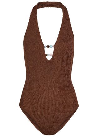 Hunza G Adriana Beaded Crinkle Swimsuit - Brown - One Size