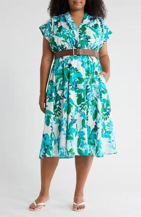Calvin Klein Belted Stretch Cotton Midi Dress in Kelly Multi at Nordstrom Rack, Size 14W