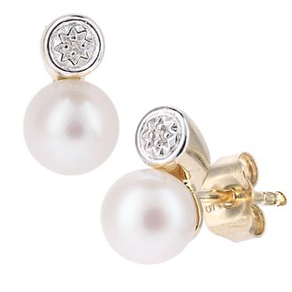 Diamant L'&eacute;ternel Womens 9ct Yellow Gold, 0.01ct Diamonds with White Cultured pearl Earrings - One Size