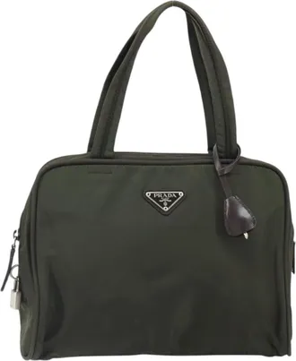 Prada Zip Around Tote Tessuto Khaki Nylon Handbag (Pre-Owned)