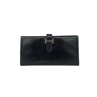 Herm&egrave;s Black Box Calf Leather Long Wallet (Bi-Fold) (Pre-Owned)