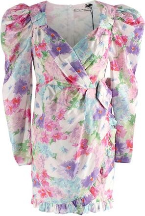 Alessandra Rich Floral Print Taffeta Ruffle Detail Silk Mini Dress Size S