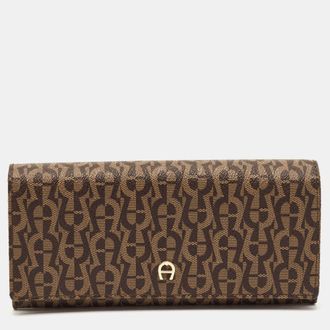 Aigner Logo Flap Brown Signature Coated Canvas Continental Wallet