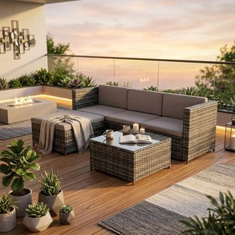 Alivio 3 Seater Rattan Garden Corner Sofa Set, PE Rattan Garden Furniture Set with Coffee Table, Anti-UV Cushions for Indoor Outdoor Patio (Grey)