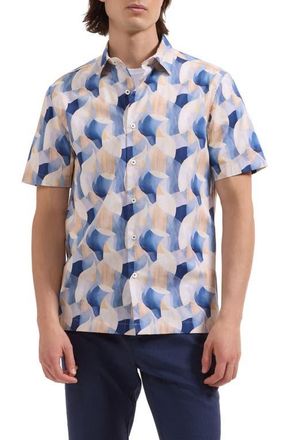 Bugatchi Vero Shaped Fit Abstract Print Short Sleeve Stretch Cotton Button-Up Shirt in Cobalt at Nordstrom, Size Xx-Large