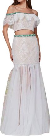 Angela & Alison Cropped Top Prom Dress In Emerald/nude