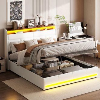 OEM Cama Adulta Hidr&aacute;ulica Blanca 160x200 Cm Con Almacenamiento Cofre Y Led - Cama Doble Con Lamas, Pu Blanco Dise&ntilde;o Techno Lujo Con Estante