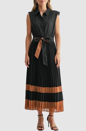 Mila Mae Pleated Cap Sleeve Button-Up Shirtdress in Black Camel at Nordstrom, Size X-Small