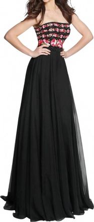 Sherri Hill Strapless Embroidery Chiffon Gown In Black