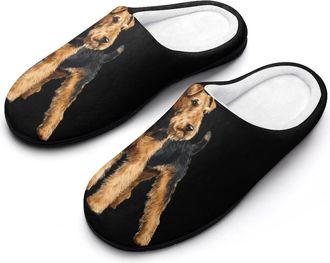 Generic Airedale Terrier Dog Mens Warm Slippers Non-Slip Sole Winter Rubber Cotton Shoes for Bedroom