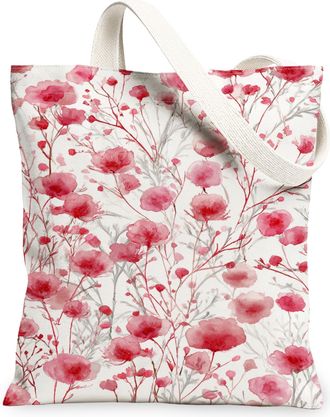 Generic Floral Canvas Tote Bags, Elegant Flower Pattern Reusable Grocery Bags, Spring Vintage Botanical Lightweight Washable Should, Red, 13x15 Inch