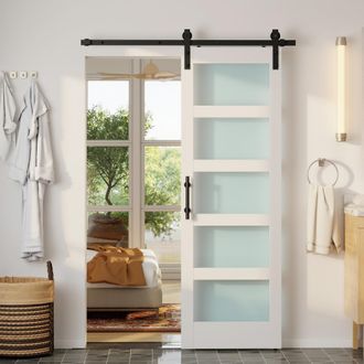 HOMCOM Homcom Puerta Corredera 71x213 Cm Con Kit De Montaje, Puerta De Granero Con Paneles De Vidrio, Gu&iacute;a De Piso, Blanco