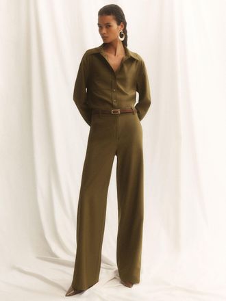 Reiss Khaki Wool-blend Wide-leg Trousers, 18L