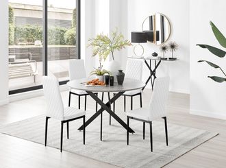 Furniturebox Novara Grey Concrete Effect Black Leg 120cm Round Dining Table & 4 Milan Black Leg Chairs in Off-White