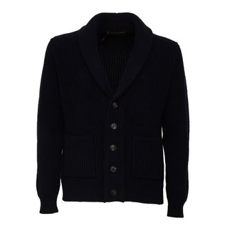 FILIPPO DE LAURENTIIS Ribbed Shawl Collar Wool Cashmere Pocket Cardigan