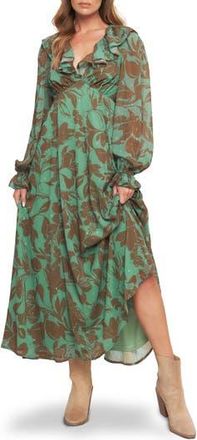 Flying Tomato Metallic Print Chiffon Maxi Dress in Sage Brown at Nordstrom Rack, Size Medium