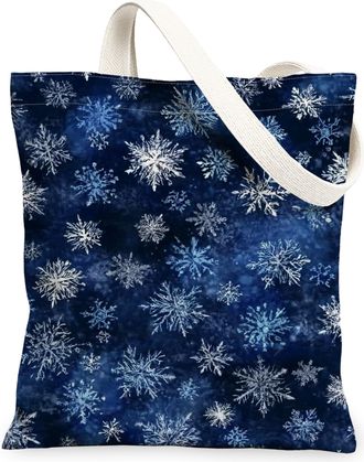 Generic Winter Snowflakes Canvas Tote Bags, Elegant Blue Snow Pattern Reusable Grocery Bags, Vintage Lightweight Washable Shoulder Strap Canvas for Travel Bea