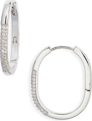 Nordstrom Pav&eacute; Cubic Zirconia Elongated Hoop Earrings in Clear- Silver at Nordstrom Rack