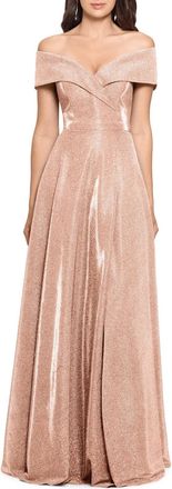 Xscape Maxi Dress Blush Pink Shimmer Front Slit Off-the-Shoulder JDM2683