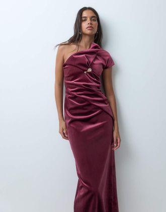 Asos vestito lungo asimmetrico monospalla con profilo in velluto accoppiato color berry slavato-Rosso