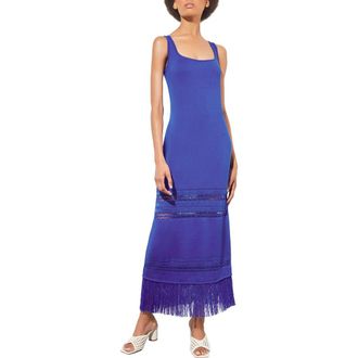 Ming Wang Fringe Hem Pointelle Maxi Sweater Dress in Sapphire Sea at Nordstrom Rack, Size X-Small