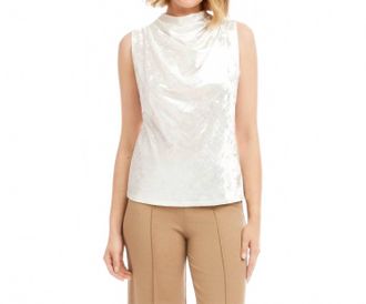 Karen Kane Sleeveless Crushed Velvet Drape Front Top In Off White