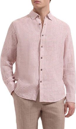 Bugatchi Karl Shaped Fit Gingham Check Linen Button-Up Shirt in Brick at Nordstrom, Size Xxx-Large