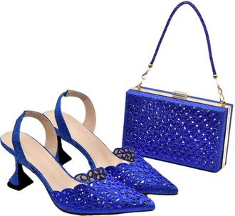 Generic Womens Shoes and Bags Set Sparkly Rhinestone Decorated High Heels Shoes Strap Shoulder Bag for Party Wedding Blue